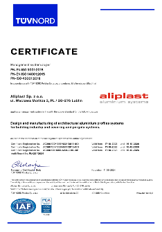 СЕРТИФИКАТ  Aliplast Aluminium Systems ISO 9001, 14001, 45001 - EN