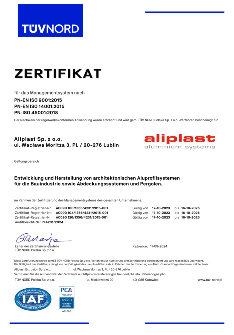 СЕРТИФИКАТ  Aliplast Aluminium Systems ISO 9001, 14001, 45001 - DE