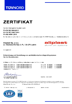 СЕРТИФИКАТ  Aliplast Aluminium Systems ISO 9001, 14001, 45001 - DE