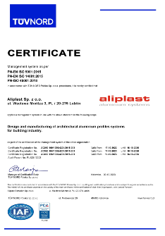СЕРТИФИКАТ Aliplast Aluminium Systems ISO 9001, 14001, 45001 - EN